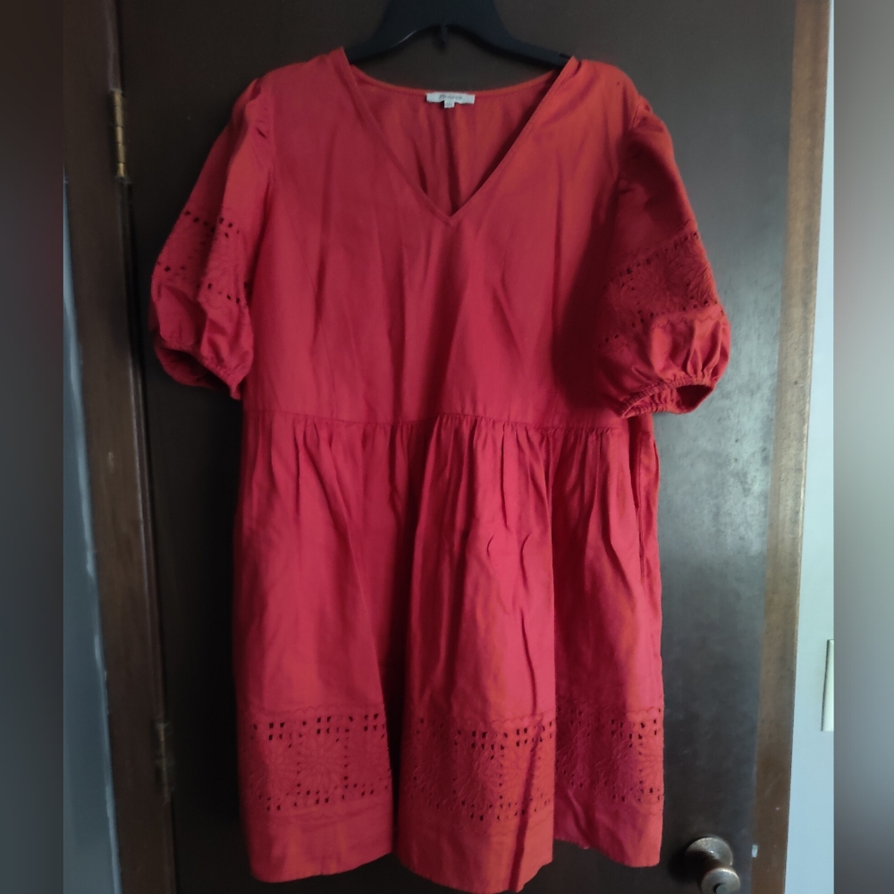 Brick Red V-Neck Dress with Eyelet Details